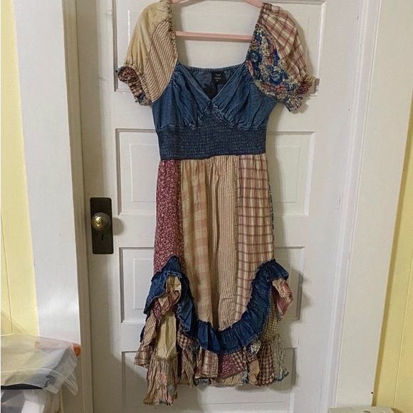 Young Threads Patchwork Midi Dress | Denim & Floral Boho Cottagecore | Size M - Picture 7 of 7